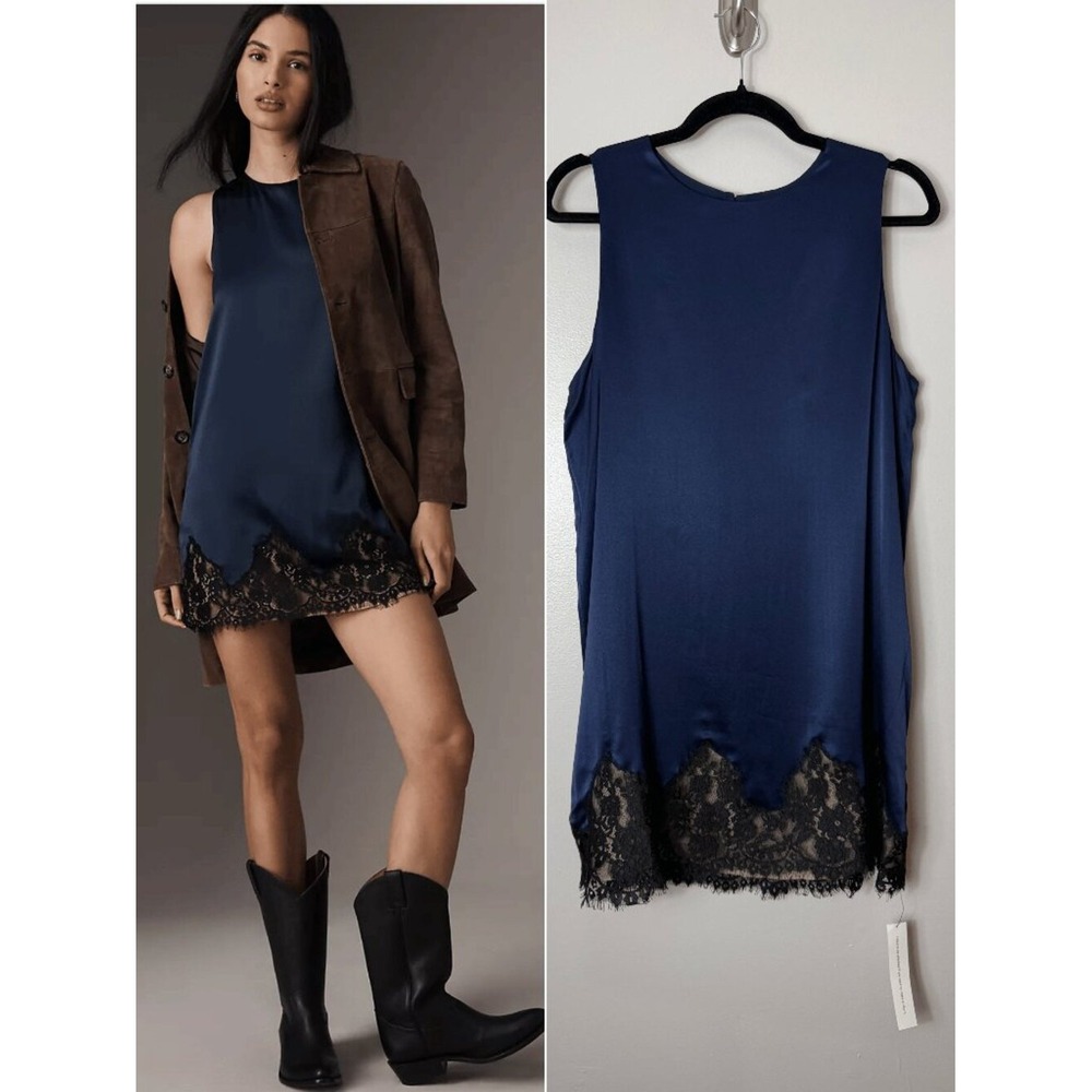Reformation Jessalyn Dress L Navy Blue Silk Lace Mini Fairy Goth Whimsigoth Edgy
